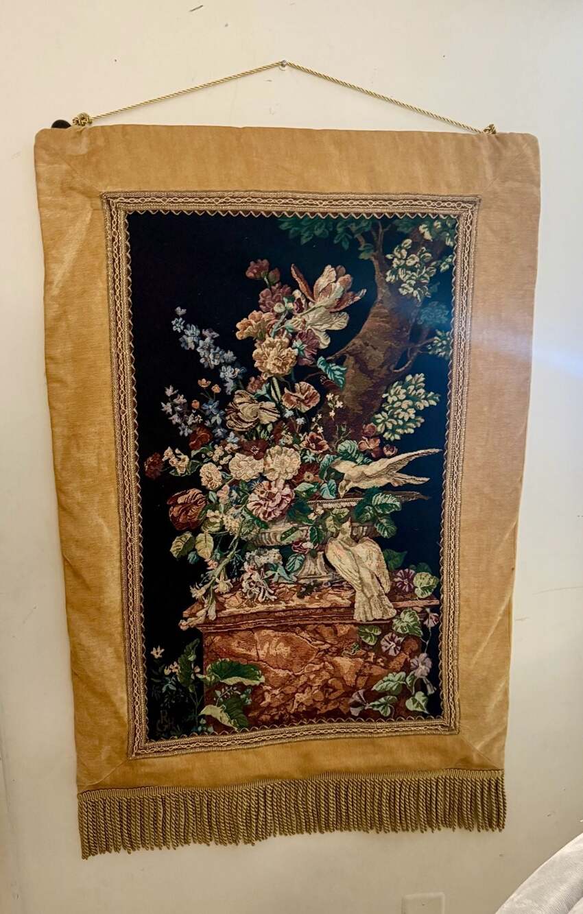 Vintage RH Floral and Dove Woven Wall Tapestry with Gold Velvet Border & Fringe